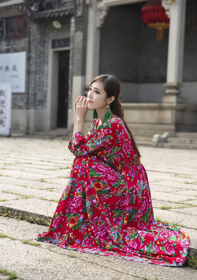 民族风新款东北大花张馨予同色碎花连衣裙秋厂家直销支持一件代发