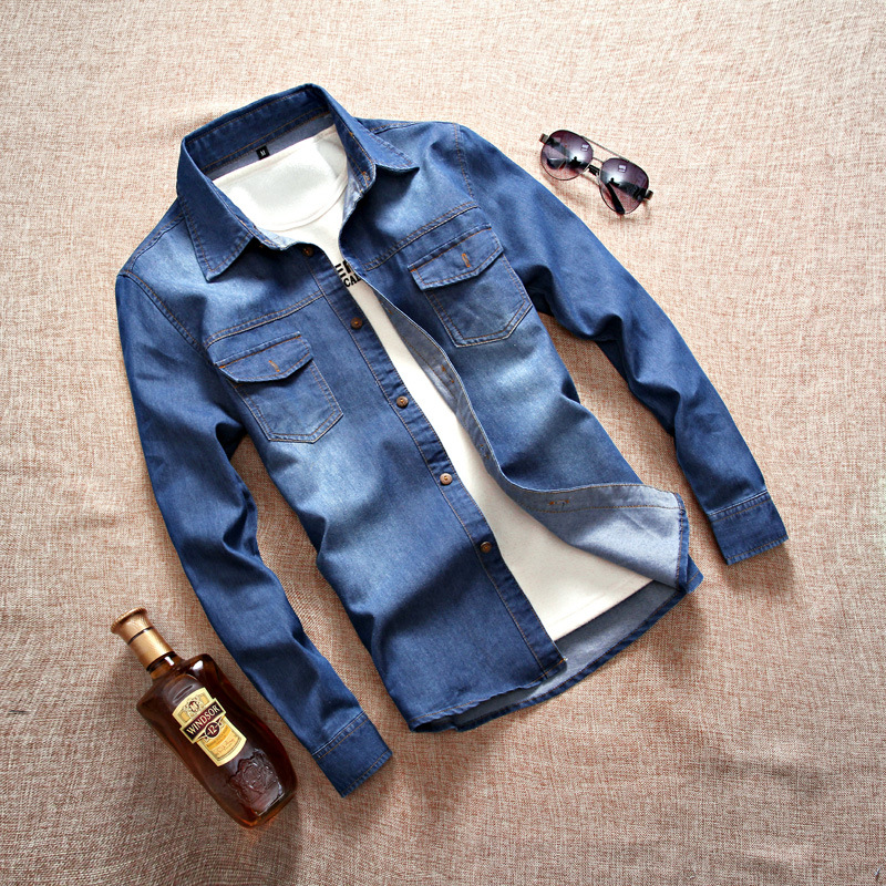 2025外贸薄长袖牛仔衬衣男青年经典简约打底四季休闲衬衫百搭外套
