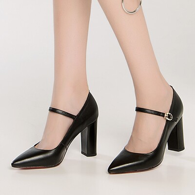 欧美新款真皮粗跟浅口单鞋玛丽珍鞋尖头粗跟鞋女高跟鞋四季款