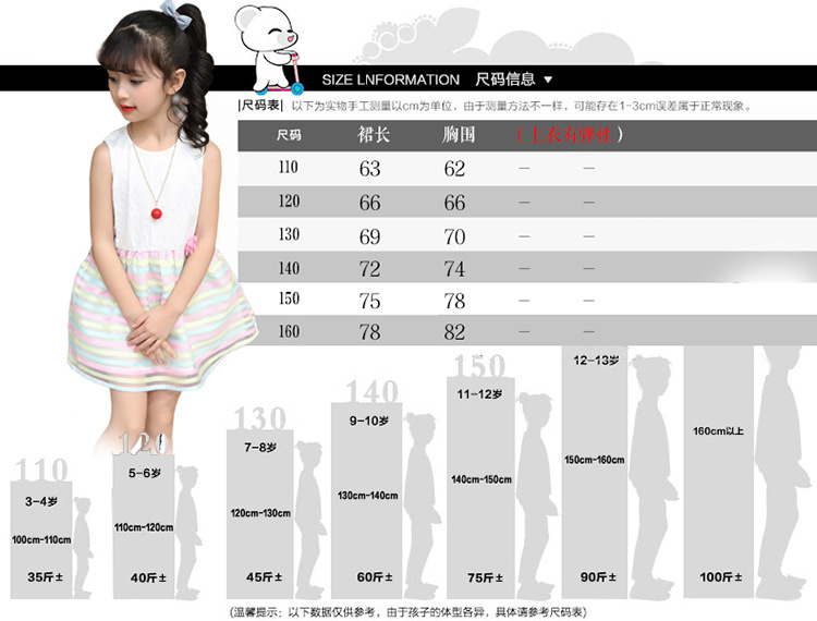 韩国代购身高110新年120夏季160女童连衣裙新款彩条无袖公主中大