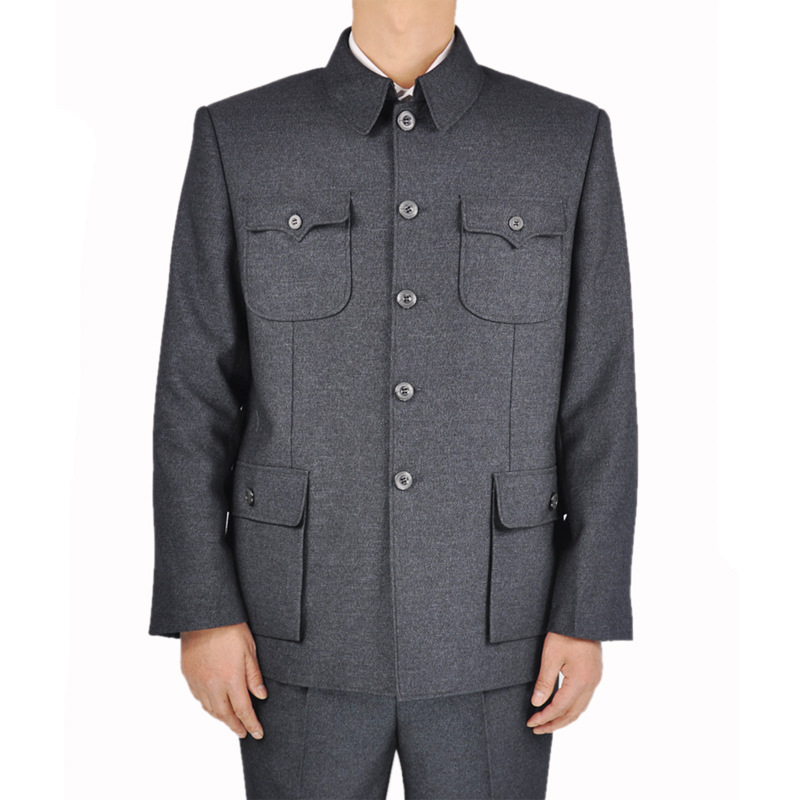 加绒加厚男式中老年中山装男 套装西服老年人中山服爸爸装西服料