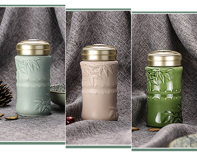 乾唐轩活瓷杯小竹报平安随身杯单层创意便携陶瓷水杯商务礼品定制