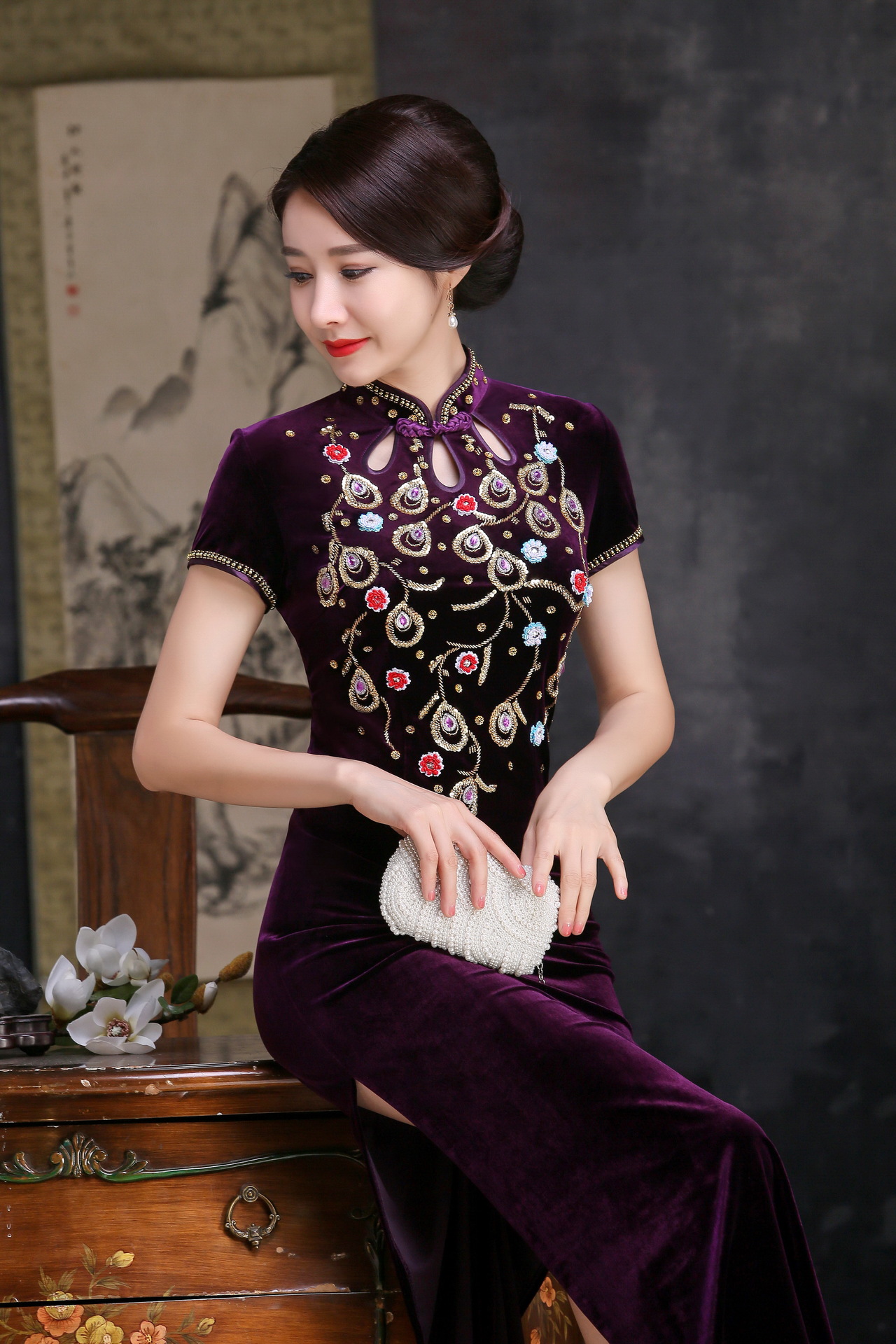 厂家新款七分袖丝绒旗袍女高档钉珠修身显瘦复古长款改良旗袍批发