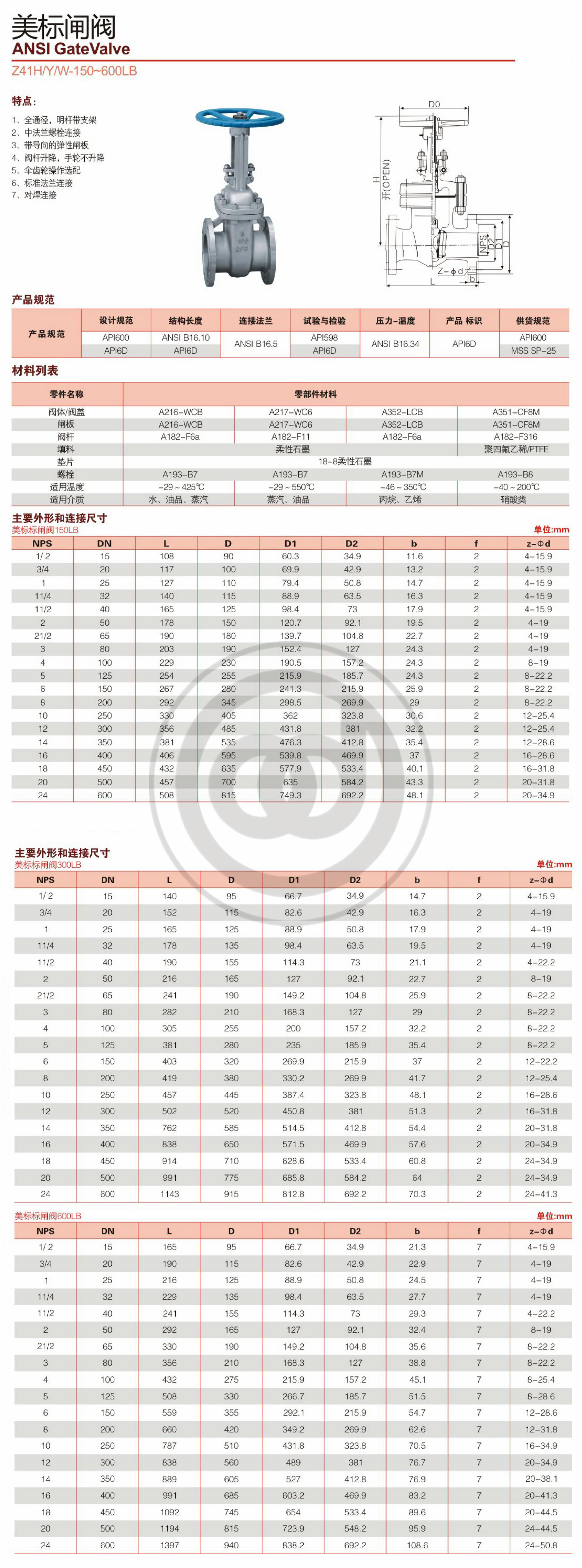 美标闸阀 z41w-150lb 不锈钢闸阀