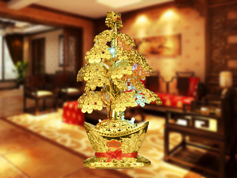 招财树摆件七彩旋转摇钱树中式装饰品摆件家居工艺品