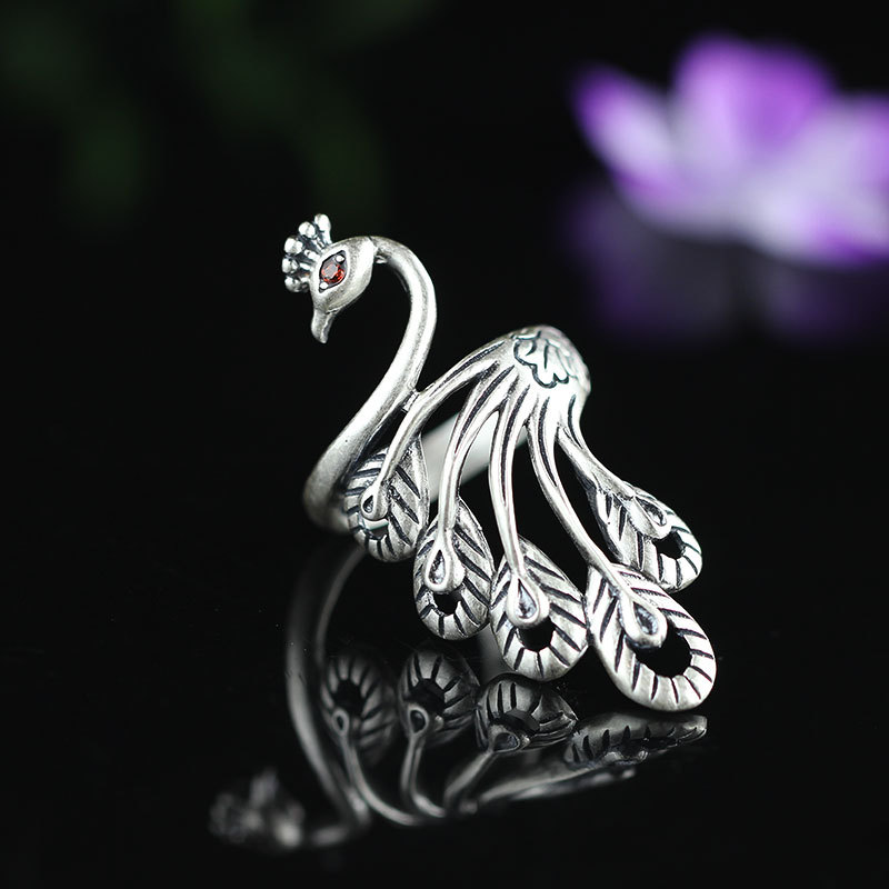 人品银品足银饰品哑光精工工艺泰银开口女士孔雀戒指修长玉指