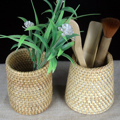 越南藤编笔筒茶道收纳筒藤草框手工编织文具盒茶具配件储物罐批发