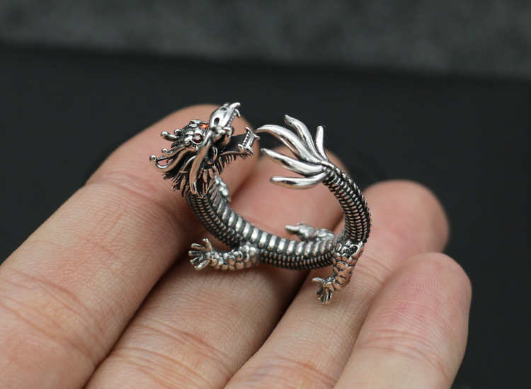 复古泰银指环男纯银s925青龙龙头戒指霸气个性中国风首饰品文玩