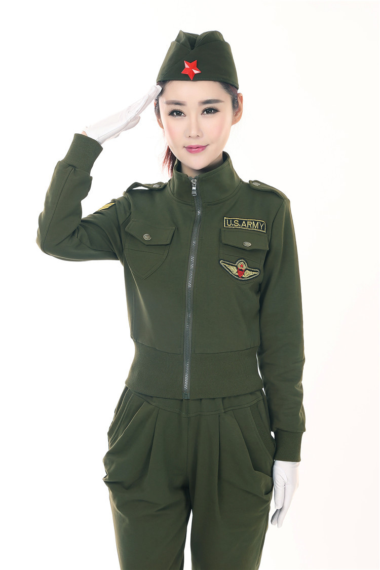2017水兵舞服装女军绿迷彩服演出服户外军迷套装广场舞弹力三件套
