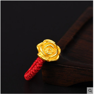 黄金玫瑰花足金红绳转运珠戒指女手工编织指环黄金首饰品 足金999