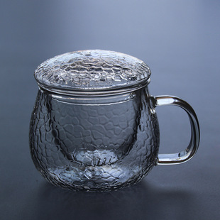 日式锤纹三件式泡茶杯 耐热玻璃杯透明茶杯带盖过滤水杯子 锤纹杯