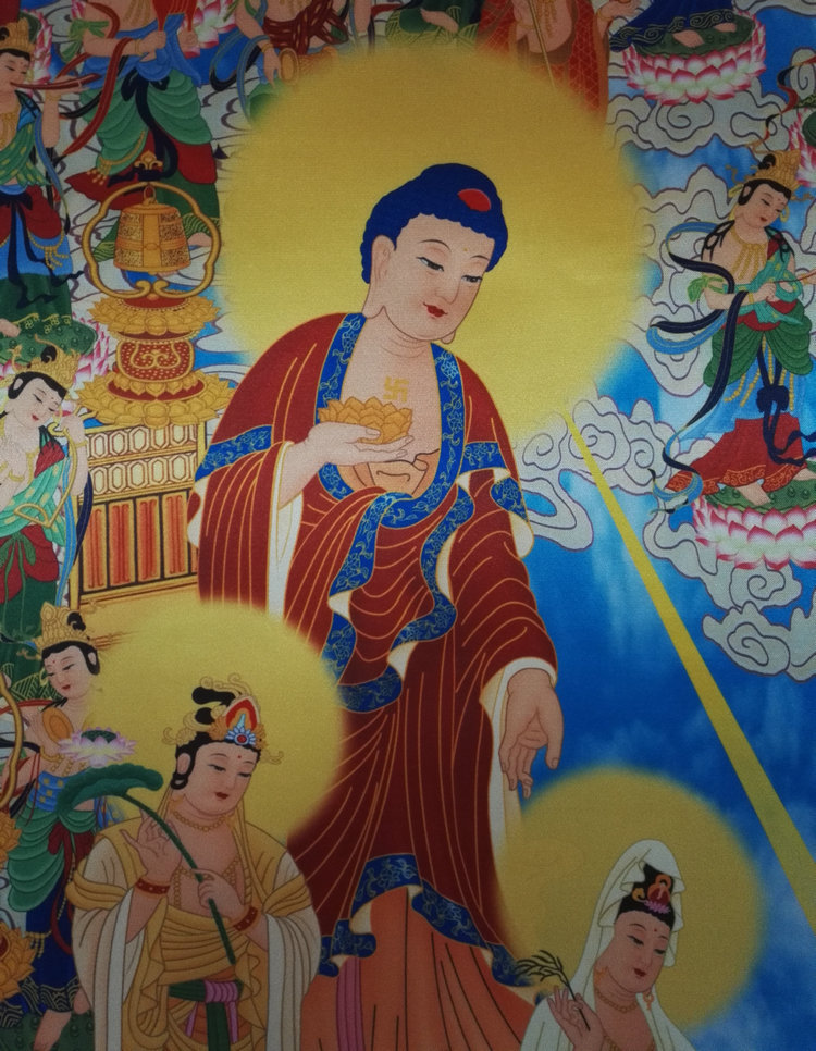 西方极乐世界接引图竖版卷轴画阿弥陀佛接引图丝绸卷轴佛画