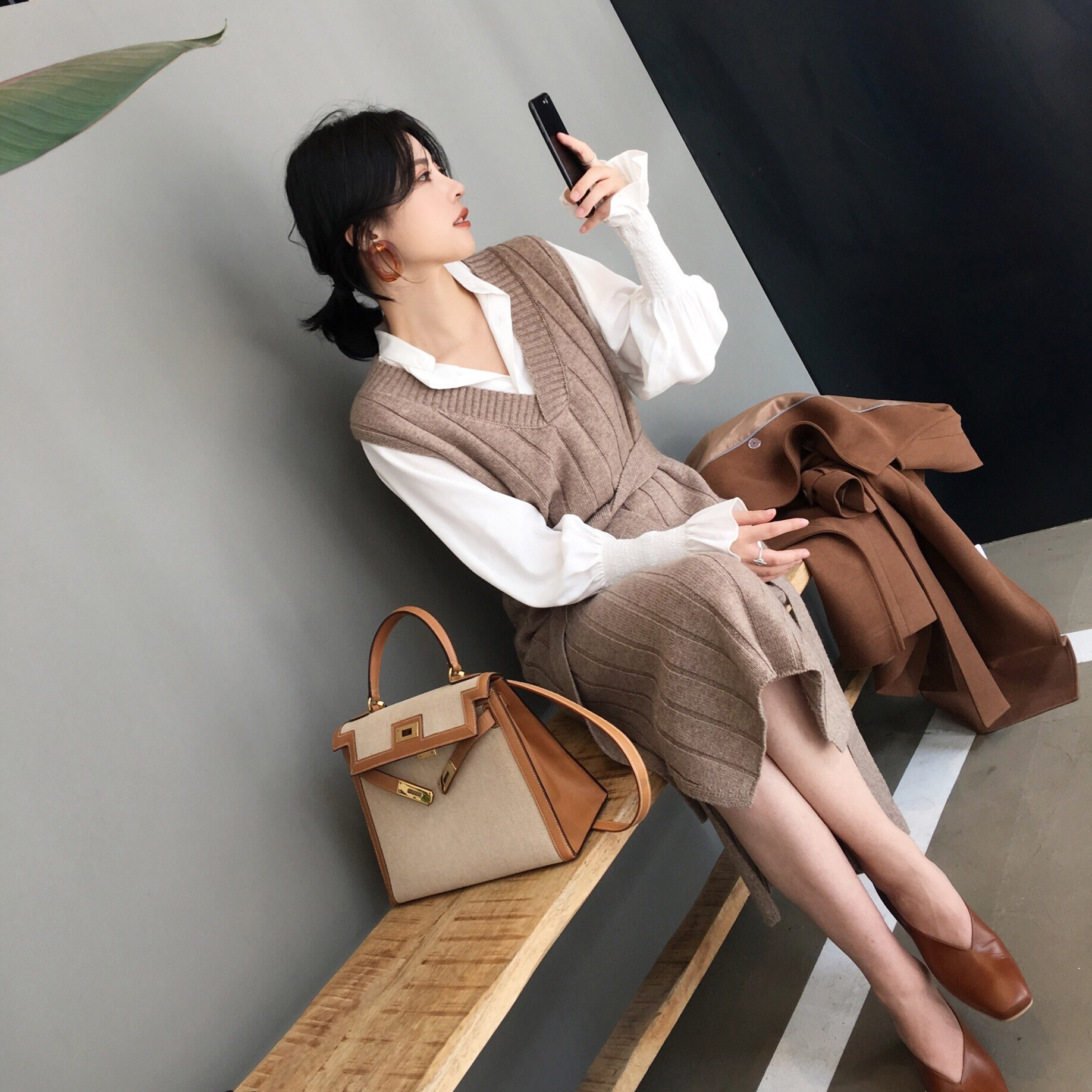 905#asm2017秋冬新款 v领针织背心连衣裙中长款修身毛衣长裙女装