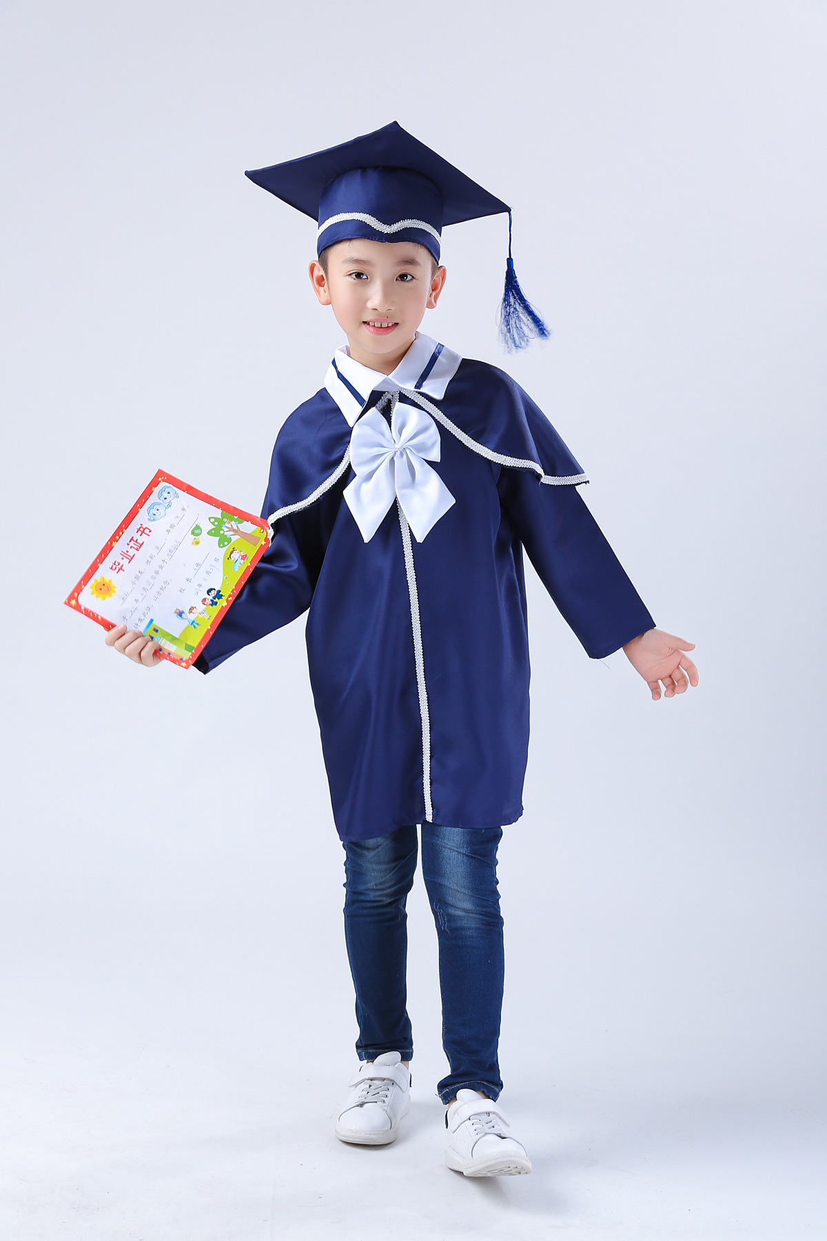 儿童博士服毕业礼服幼儿园毕业照学士服披肩蝴蝶结中小学生表演服