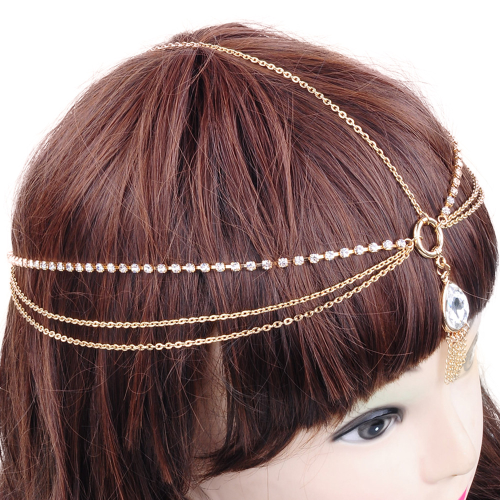 欧美个性发饰品 简单合金镶钻流苏头链头饰品 女 外贸直销