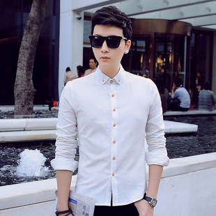 衬衫男士长袖青年苎麻衬衫韩版修身休闲潮夏季新款夏天衬衣