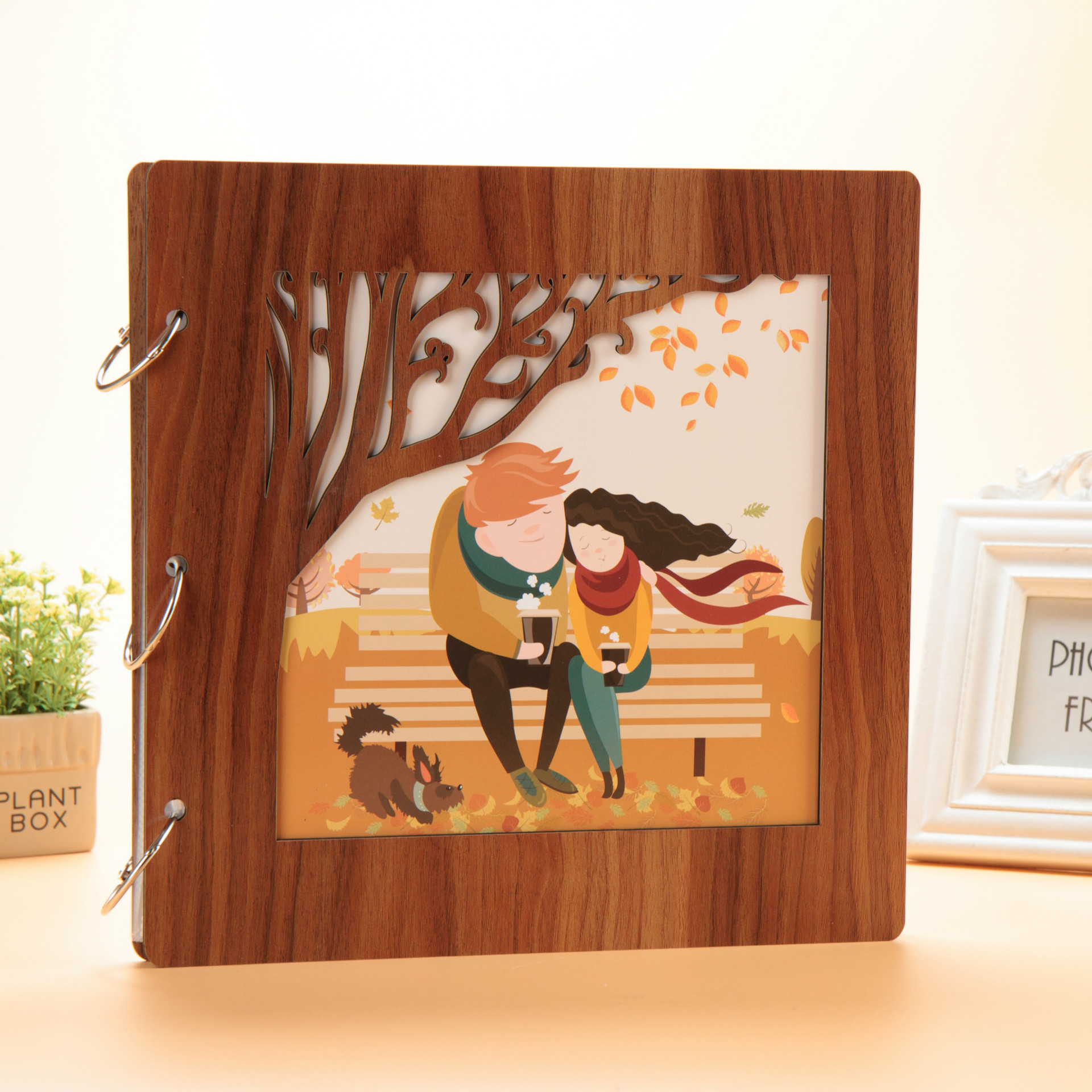 高档插画16寸木质diy相册,木面相册,宝宝纪念册 影集