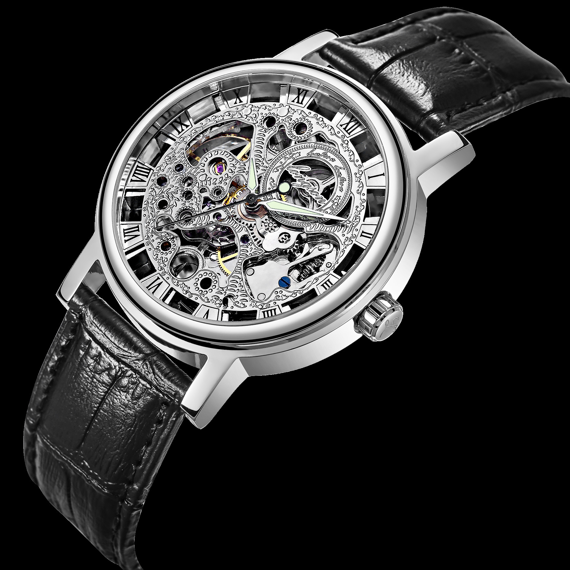 爆款男士镂空机械手表 防水夜光真皮带手表 304钢壳全自动机械表