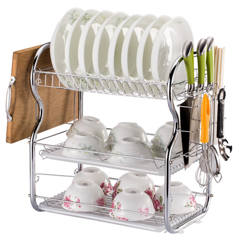 Three-Layer Dish Rack Draining Rack Function Plate Rack Knife Inserting Chopping Board Rack Kitchen Storage Rack Storage Rack