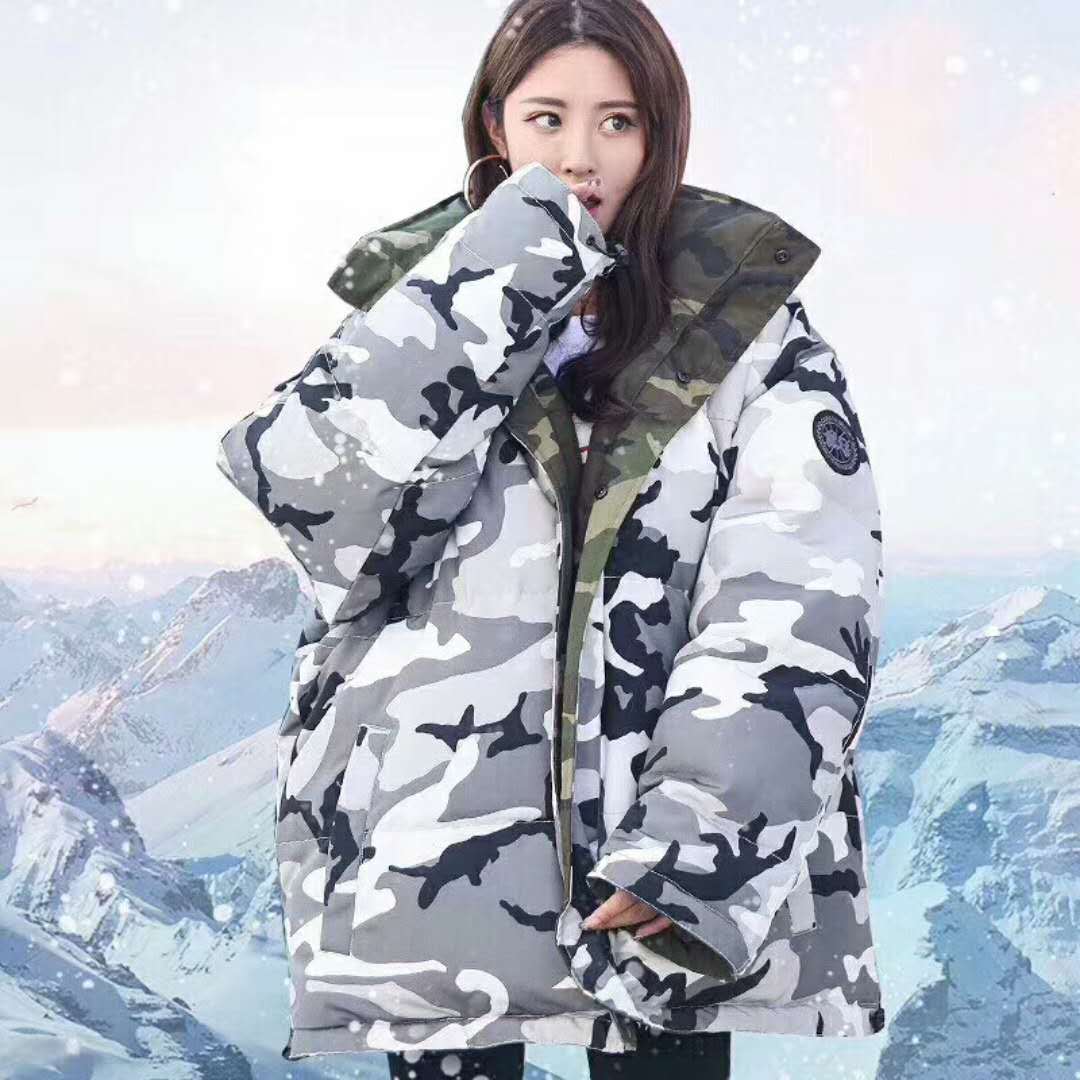 大鹅明星同款东大门情侣工装双面穿迷彩羽绒服女中长款 一件代发