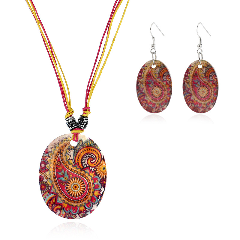 波西米亚民族风饰品 几何形贝壳彩绘孔雀羽吊坠项链耳环套装