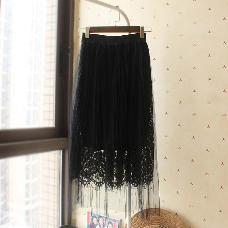 (实拍)mody2018夏季新款钩花蕾丝内衬网纱百褶裙半身裙长裙厂家直