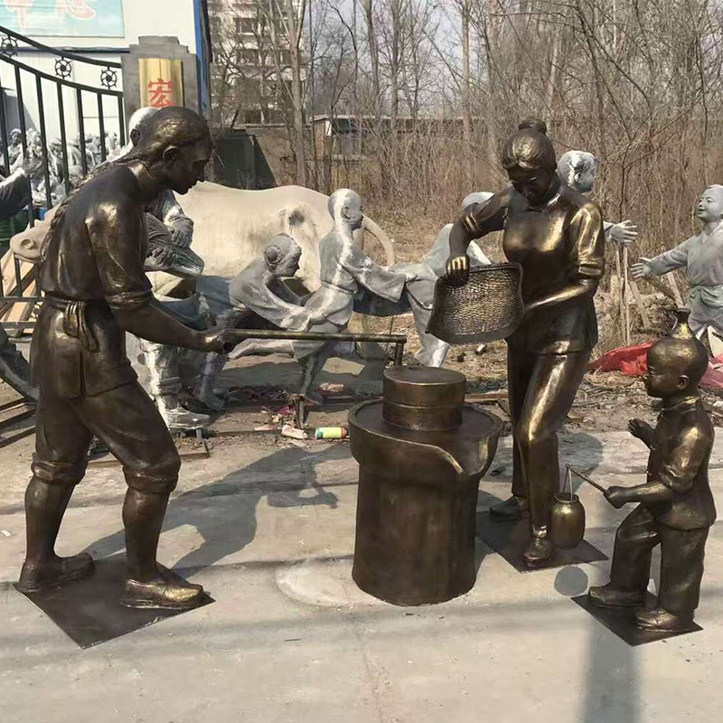 一家三口推磨磨豆子磨豆浆做豆腐雕塑玻璃钢仿铜古代民俗小品人物