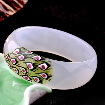 新品天然玛瑙手镯加宽加厚精美彩绘孔雀雕花镶嵌女款镯子多款批发