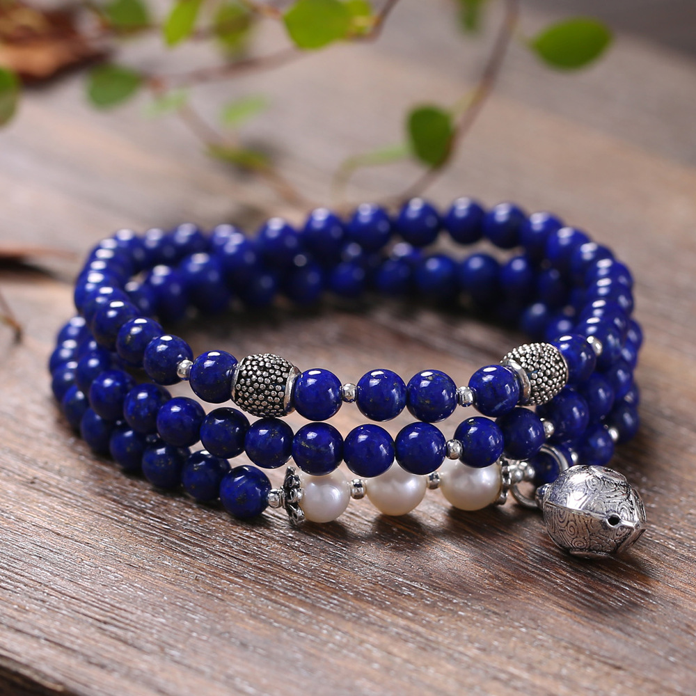 天然青金石手链男女款108颗多圈三圈佛珠手串少金少白