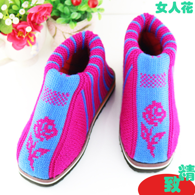 时尚玫瑰花朵牡丹花图案亮色女士毛线棉鞋四川手工鞋批发一件大发