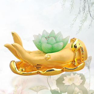 高档绒沙金佛手仿玉莲花中式禅意树脂工艺品家居装饰用品汽车摆件