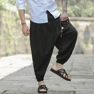 中国风夏季宽松灯笼裤棉麻阔腿低裆跨裤薄长裤男薄款哈伦裤塑脚裤
