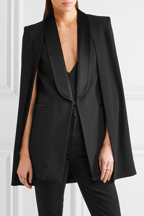 春秋新品欧美缎面拼接大气时尚中长款修身披肩斗篷西装外套披风女