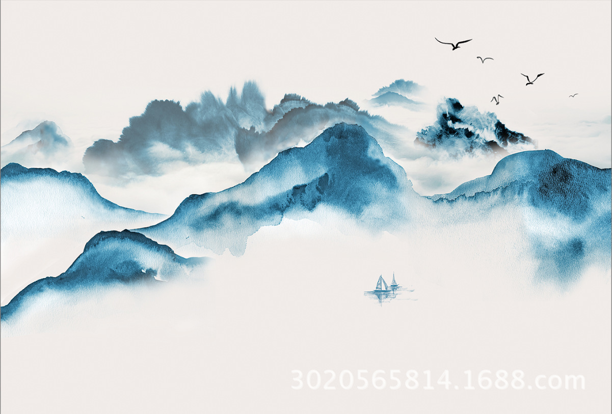 水墨国画大型壁画客厅电视墙中国风背景墙纸中式复古山水名画壁纸