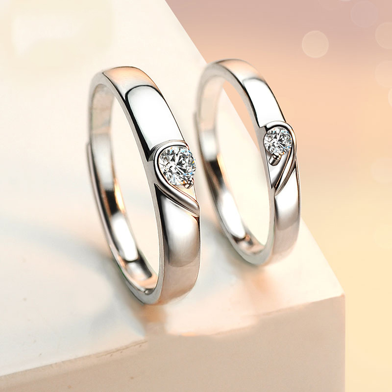 s925纯银情侣戒指日韩风格心心相印开口送女生对戒代发 厂家批发