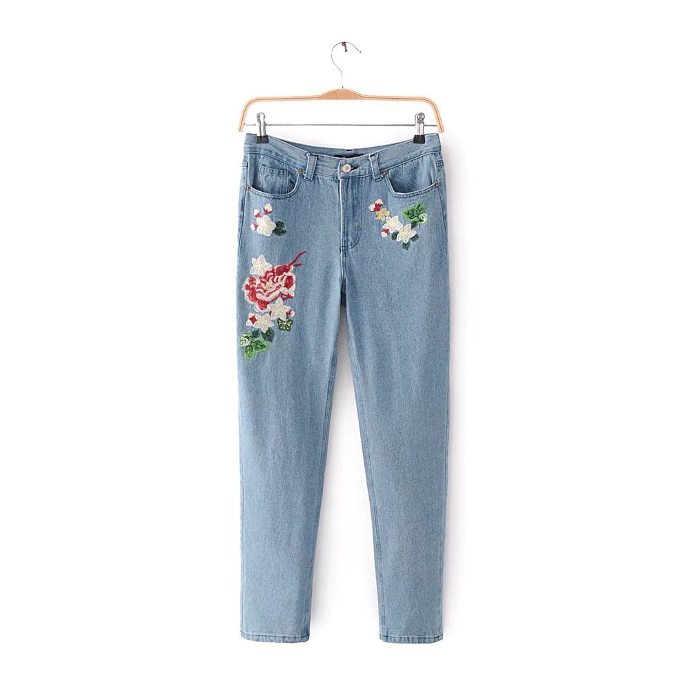 2017夏季新款女装欧美范时尚修身花朵刺绣牛仔裤s8194