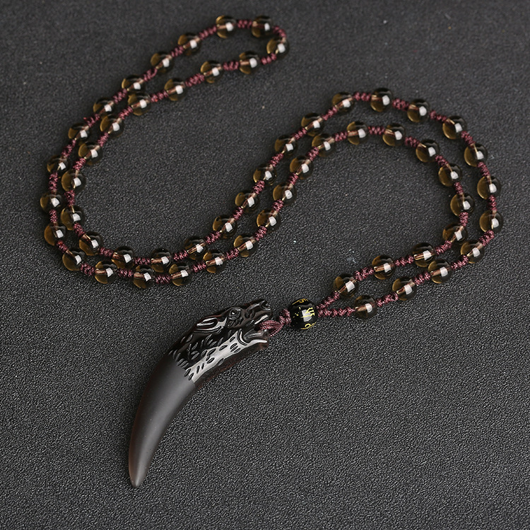 Natural Ice Seed Obsidian Wolf Tooth Pendant