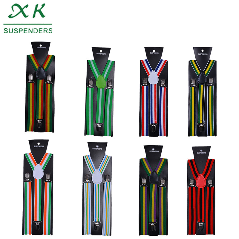 Fashion Color Stripes Unisex Strap Clip Adult Striped Elastic Strap Three Clip Strap Suspenders Wholesale