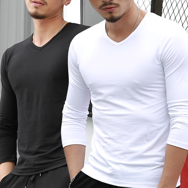 Men's Long-Sleeved Solid Color T-shirt V-neck T-shirt Solid Color Men's Long-Sleeved T-shirt Spring and Autumn Leisure Bottoming Shirt One Piece Dropshipping