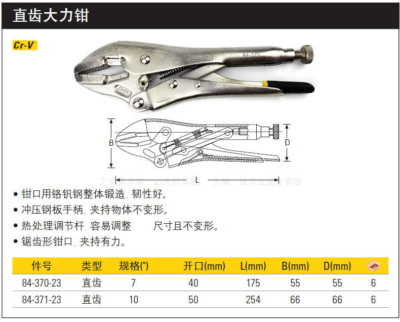 史丹利铬钒钢直齿大力钳7寸10寸加硬大力钳子 快速夹 固定夹持钳