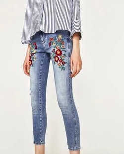钉珠绣花女士牛仔裤