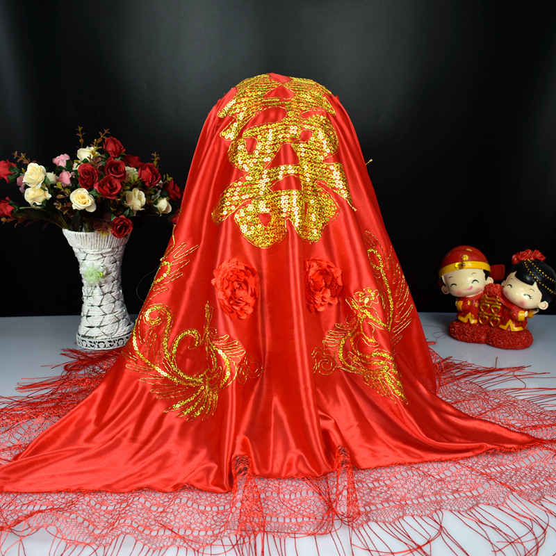 Spot Wedding Red Cover Vintage Sequined Four Phoenix Satin Bride Veil Bright Red Xi Decorations Wedding Veil Custom