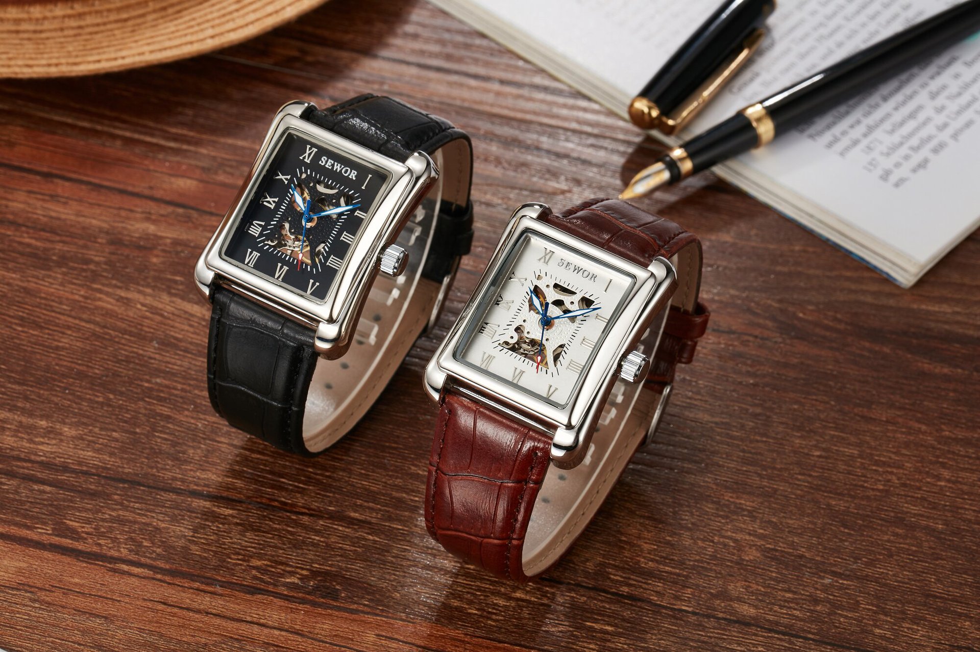 厂家直销sewor方形手表透明镂空机械男表 手动机械时尚商务手表