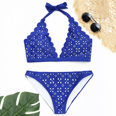 性感斑点蓝色比基尼两件套 户外沙滩旅行游泳衣 纤细柔软泳衣批发
