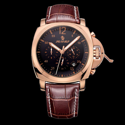 京东爆款三眼多功能运动石英表 防水 夜光真皮带男士手表