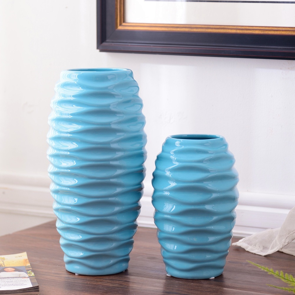 生产批发供应白蓝色水波浪纹陶瓷花瓶二件套地中海家饰简约现代