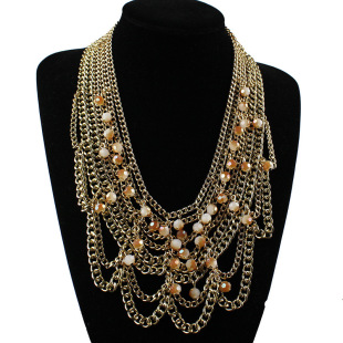 德禾 欧美水晶链条饰品 个性 复杂多层流苏项链 秋毛衣链潮