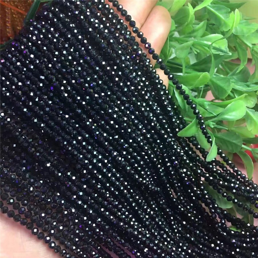 天然黑尖晶石刻面长链 2mm小颗粒黑尖晶盘珠 足球面 硬抛 批发