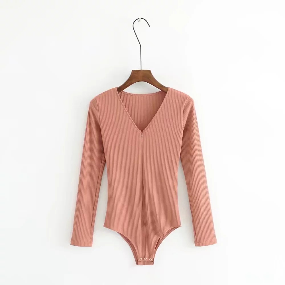 速卖通欧美时尚女装新款 长袖v领拉链修身显瘦百搭连体衣一件代发