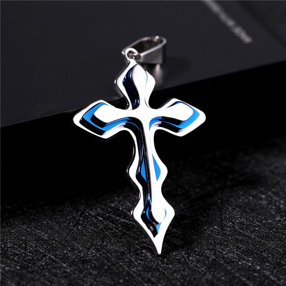速卖通wish爆款不锈钢饰品 创意蓝色波浪十字架男士钛钢吊坠项链